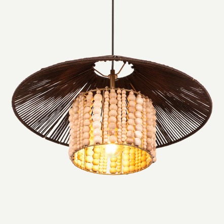 Zuri Kahve Pamuk İp & Ahşap Boncuklu El Yapımı Tasarım Sarkıt Avize 50x26 cm