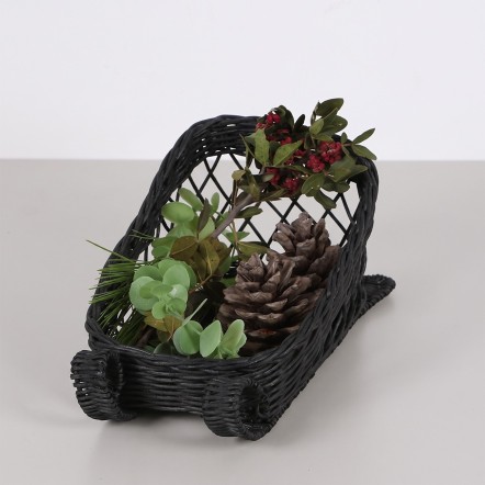Doğal Rattan Siyah Kızak Yılbaşı Dekoru 27x15x14 cm